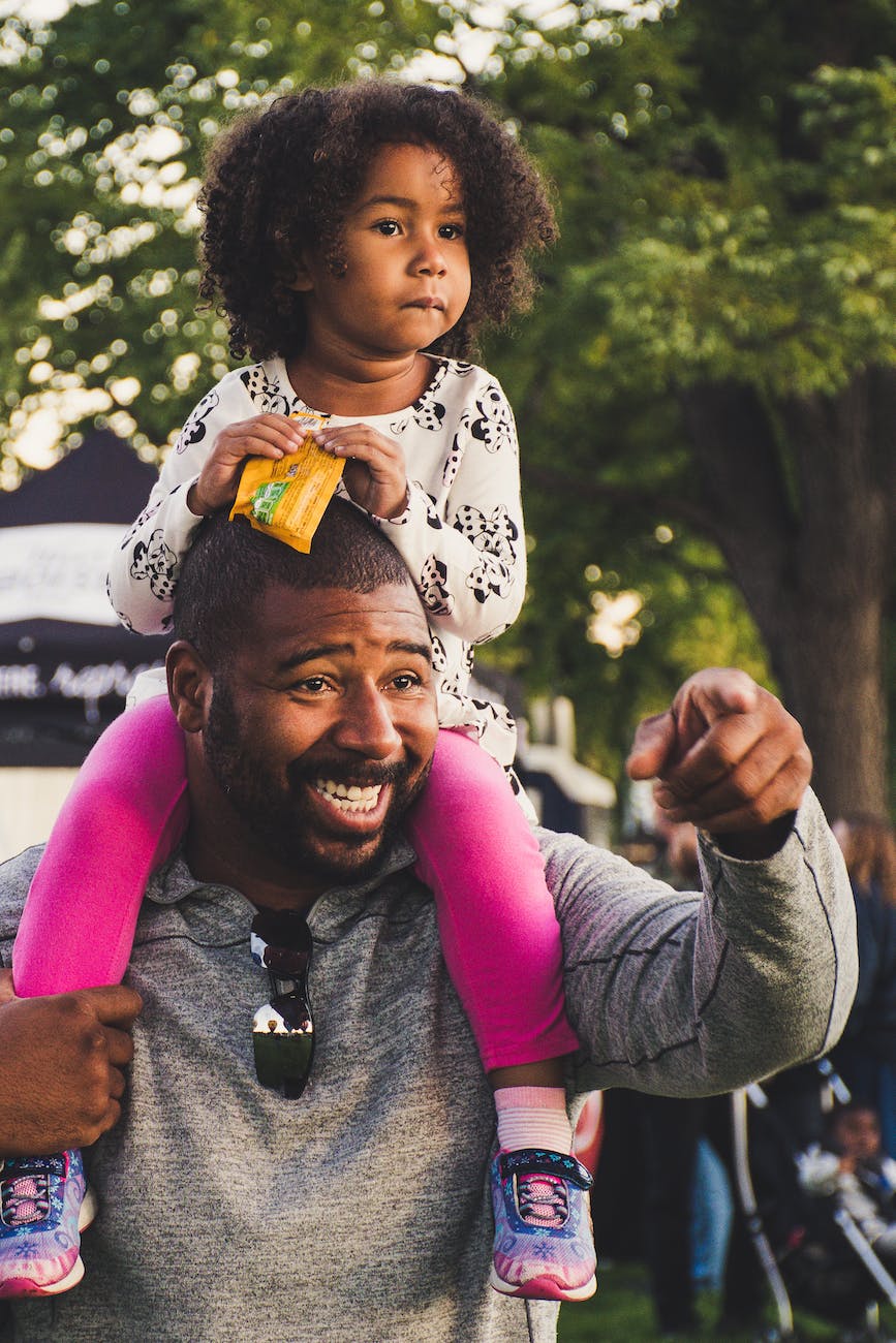 man carrying his daughter on his shoulders