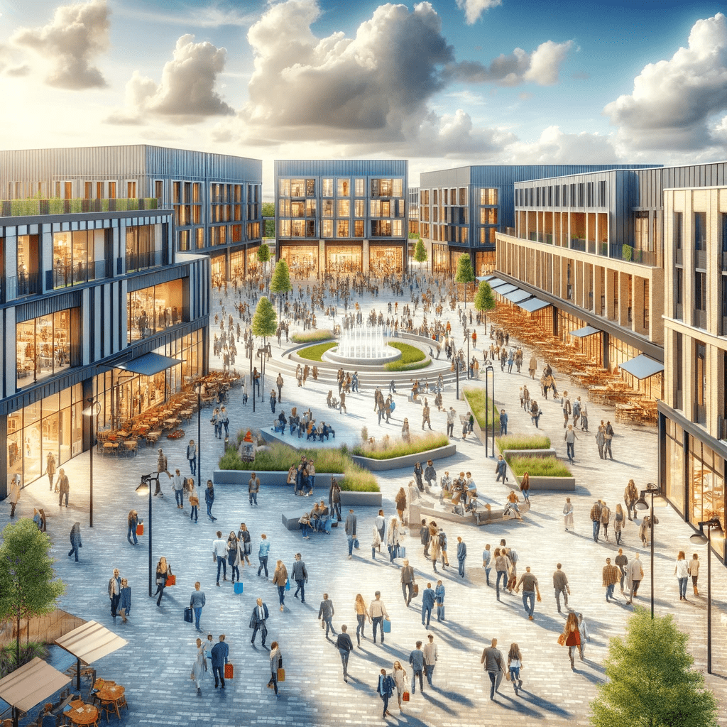 Rendering of a town center that is full of people