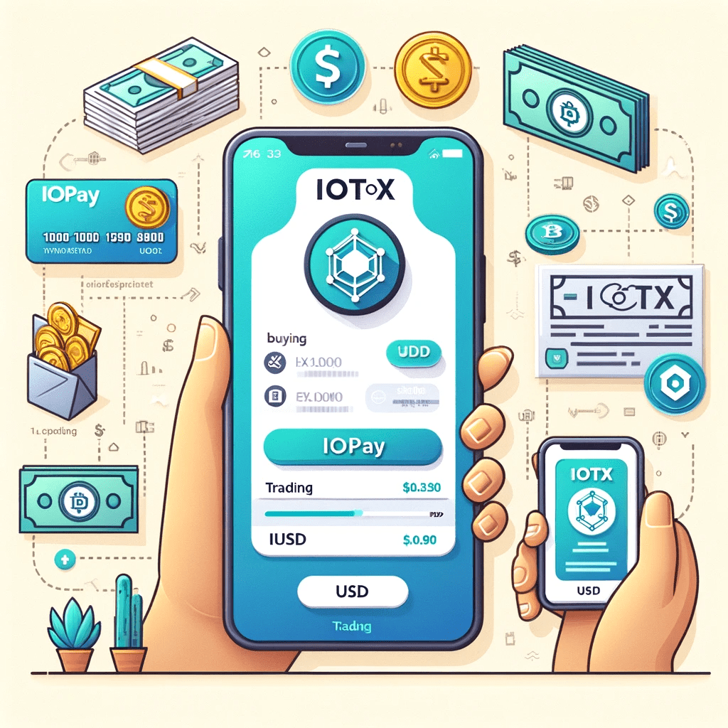 This image illustrates the process of buying IoTeX (IOTX) on IOpay using USD. It shows a smartphone displaying the IOpay app interface, focusing on the trading section, and includes elements like bank cards, USD notes, and IOTX logos, all presented in a clear and educational layout.