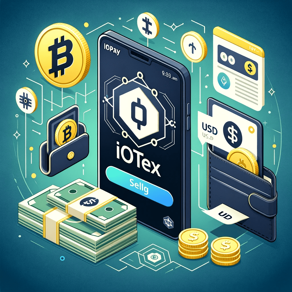 This detailed image depicts the process of selling IoTeX (IOTX) for USD on IOpay. It features a smartphone with the IOpay app, focusing on the selling interface, and incorporates elements like IOTX logos, USD cash, and digital wallet imagery, presented in a visually appealing and instructive manner.