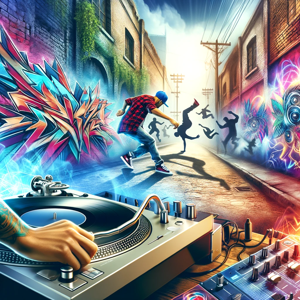 This image captures a dynamic urban environment featuring graffiti walls, a DJ mixing on turntables, and breakdancers performing in an alley. It's vibrant and full of the energy characteristic of hip hop culture.