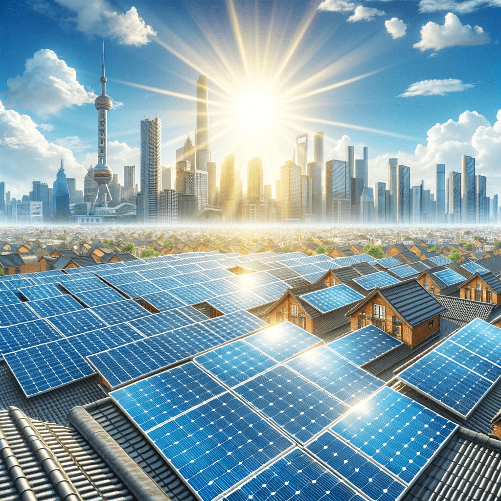 Depicting the use of solar energy, this image features a rooftop covered with solar panels, with a city skyline in the background, symbolizing urban adoption of sustainable energy. 