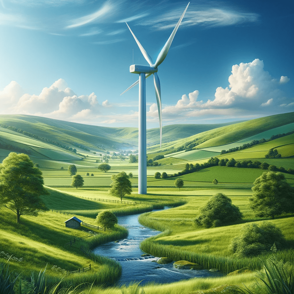 This image showcases a modern wind turbine set in a lush green field, representing the use of wind energy in a natural and serene environment. 