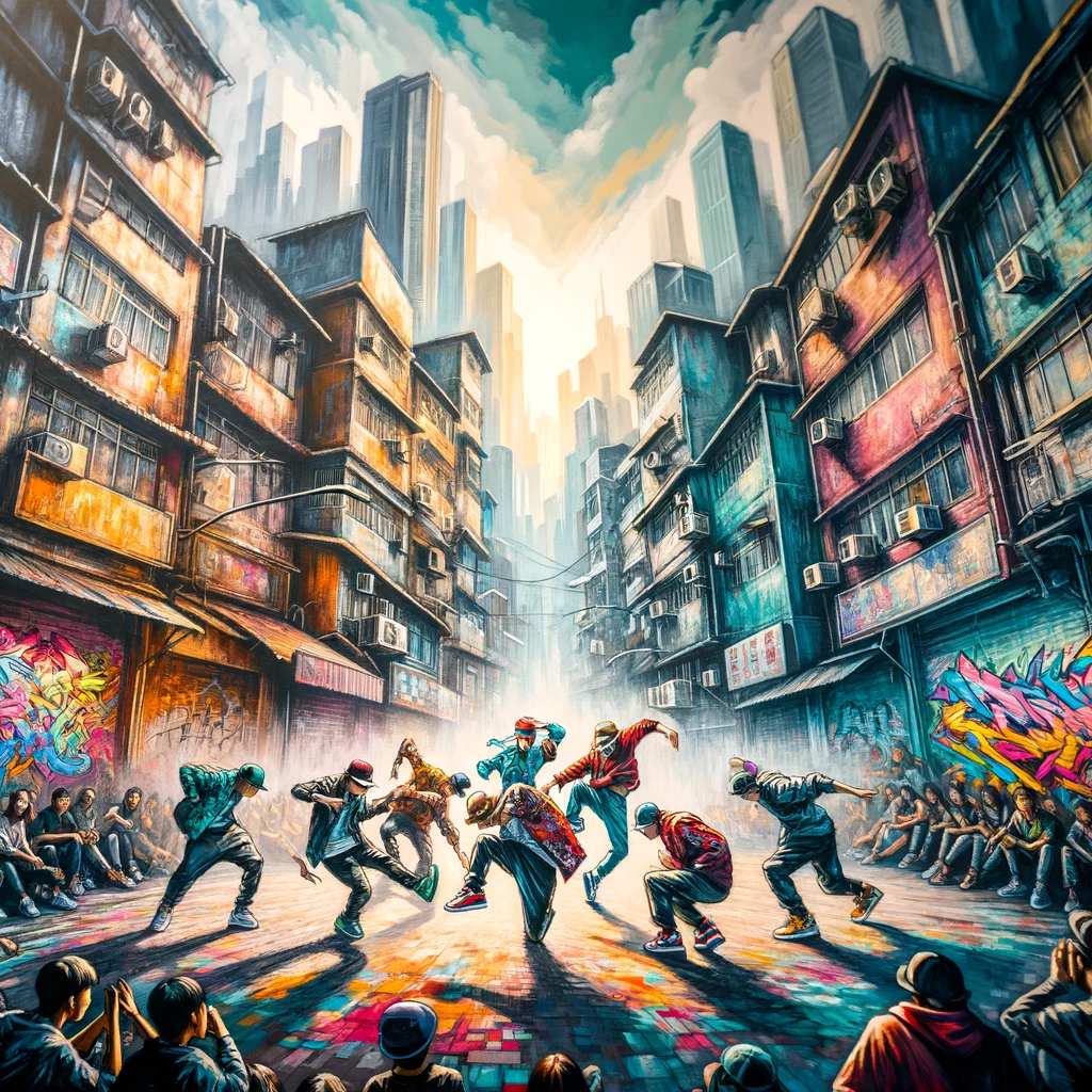 This artistic depiction shows a group of hip hop dancers in mid-performance, surrounded by vibrant street art. It highlights the raw and expressive nature of street hip hop culture, emphasizing movement and artistic expression.