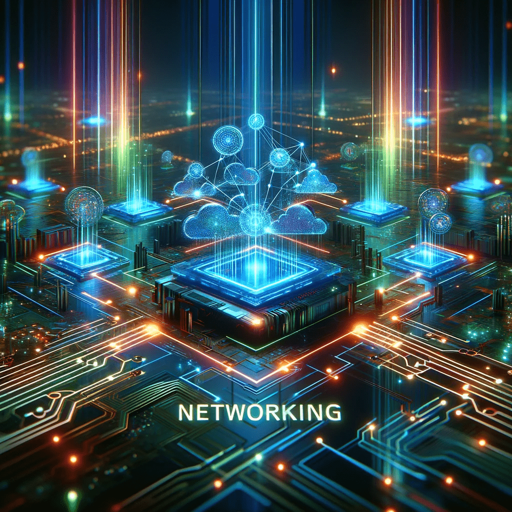 A digital landscape inspired by TRON, featuring neon lights, glowing blue and purple circuits, and holographic data streams. The scene evokes advanced networking and connectivity with a sense of futuristic technology.