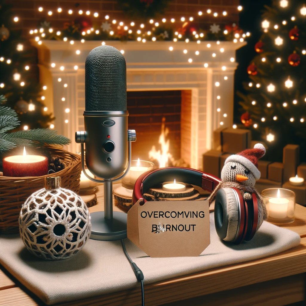 Image of a microphone and a small snowman with the words burnout misspelled