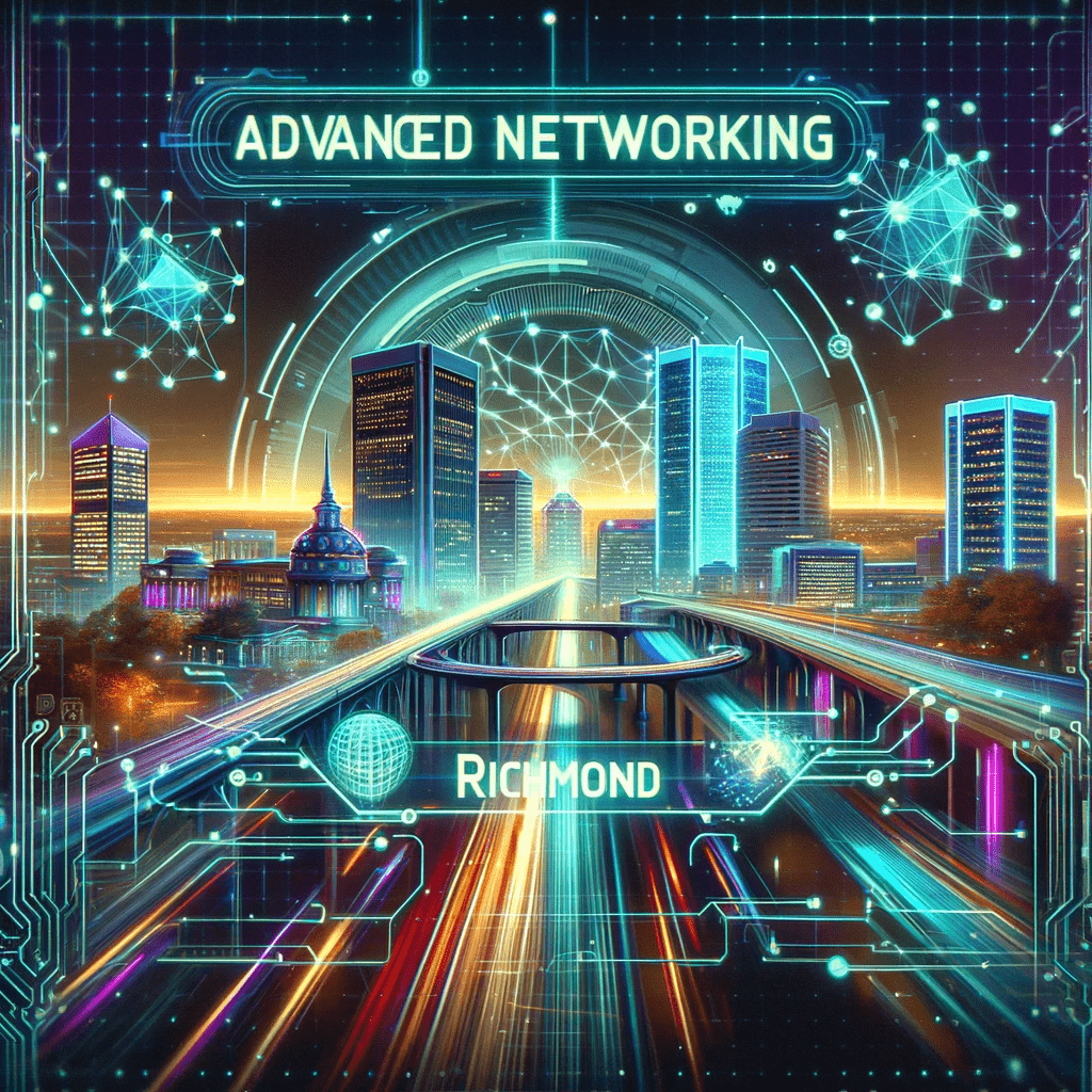 A futuristic, TRON-inspired image representing advanced networking in Richmond, with a digital landscape featuring neon lights and holographic data streams.