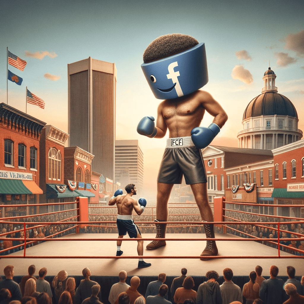 An imaginative representation of FCFVA as a small boxer versus a larger boxer representing Facebook, set against a backdrop of Richmond.