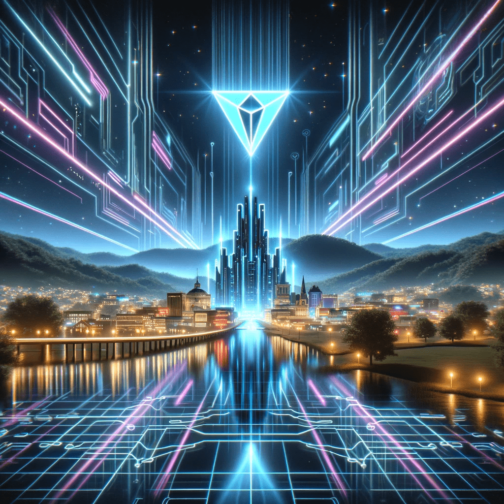 A futuristic, TRON-inspired image tailored for Roanoke, depicting a digital landscape with neon lights and holographic data streams.