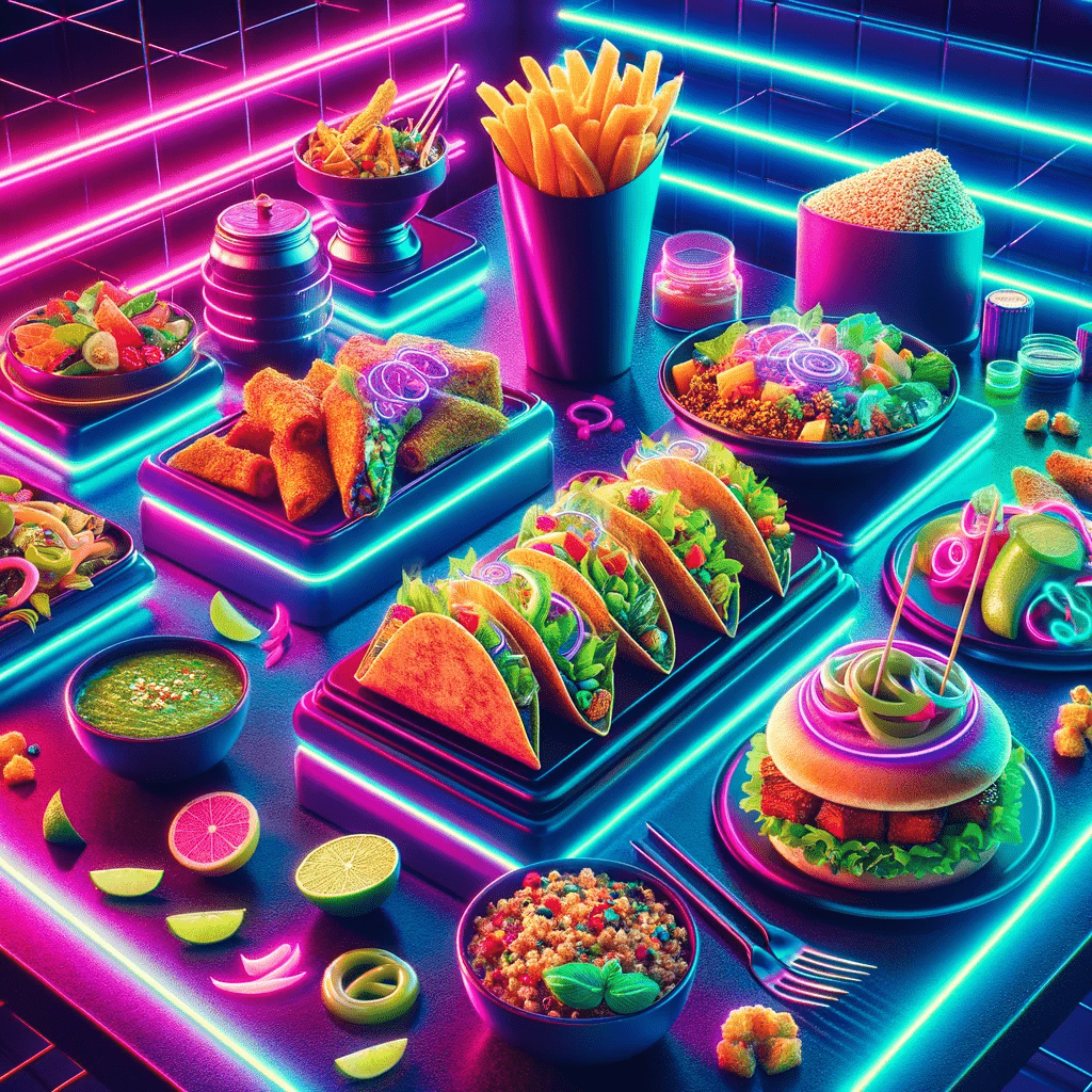 A neon-styled image of vegetarian Taco Bell tacos and burritos, glowing with vibrant colors in a sleek, modern setting.