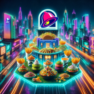 This image showcases a breathtaking view of a futuristic cityscape at night, illuminated by neon lights. The highlight of the image is an eye-catching display of Taco Bell's vegetarian dishes, artistically arranged to appear vibrant and alluring, perfectly embodying the article's theme.