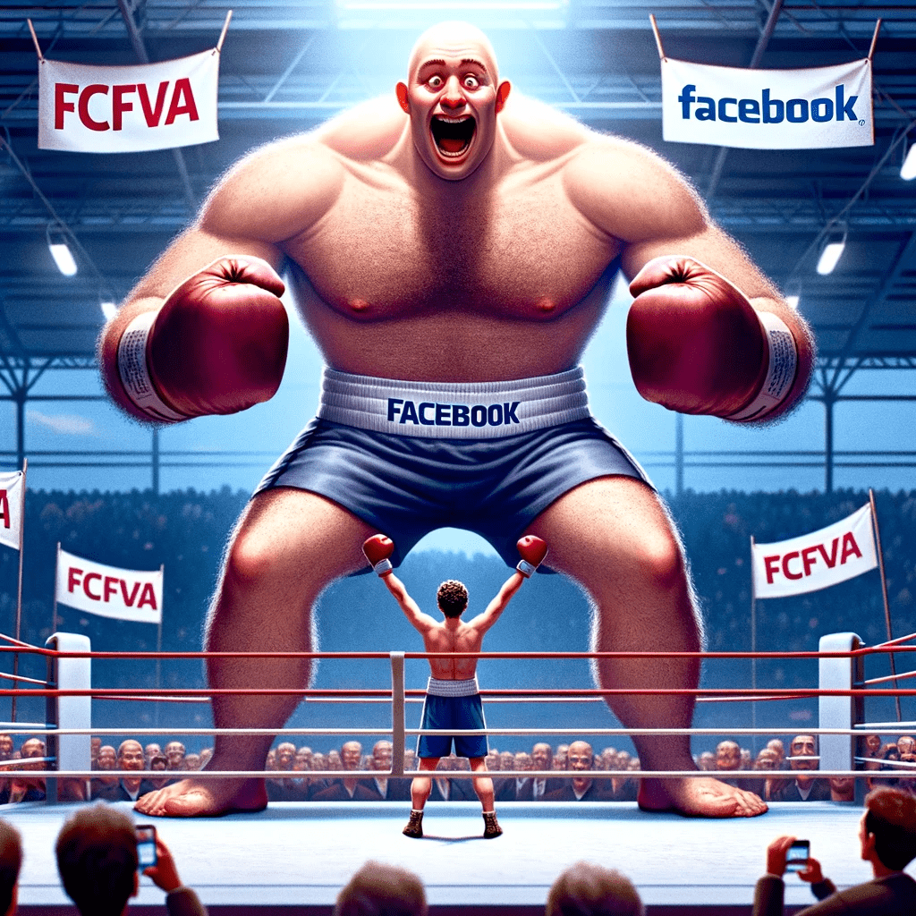 An imaginative boxing ring scene with FCFVA depicted as a very small, determined bantamweight boxer, and Facebook as an extremely large, dominant super heavyweight boxer. The ring is surrounded by an excited crowd and banners reading 'FCFVA vs Facebook', emphasizing a metaphorical underdog battle.