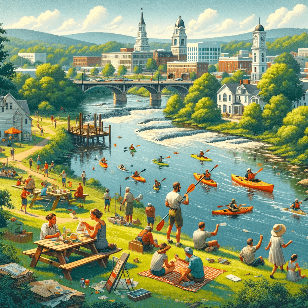 The second image showcases the community of Lynchburg. It captures a picturesque view of the James River with people enjoying outdoor activities and includes key Lynchburg landmarks in the background, conveying a sense of community and the city's charm.