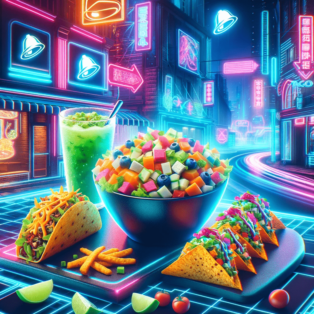 A neon-lit image showcasing a colorful Taco Bell vegetarian salad bowl and nachos, set in a high-tech, urban atmosphere.