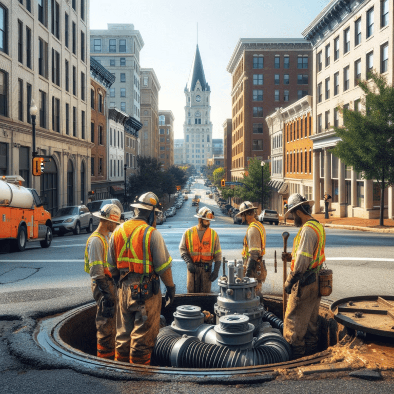Rendering of workers in downtown sewers