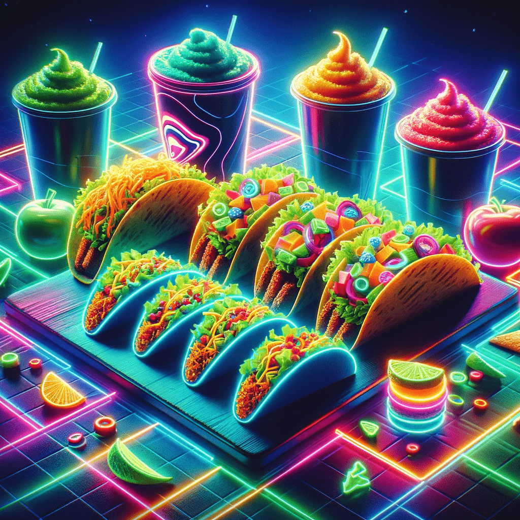 A neon-themed image of Taco Bell's innovative vegetarian dishes like veggie wraps and quinoa bowls, glowing in a futuristic diner.