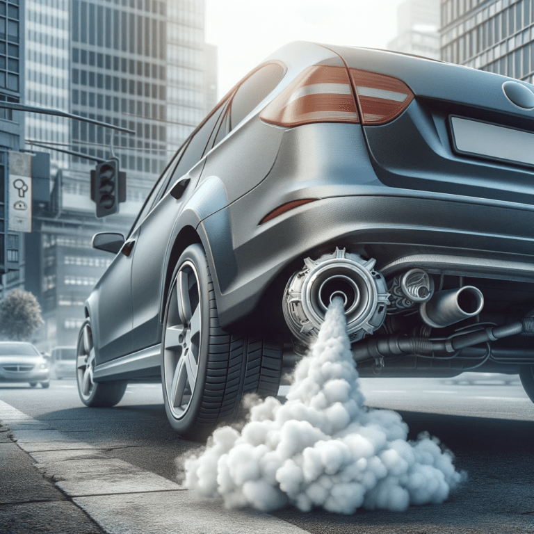 Vehicle at stoplight expelling white exhaust fumes.