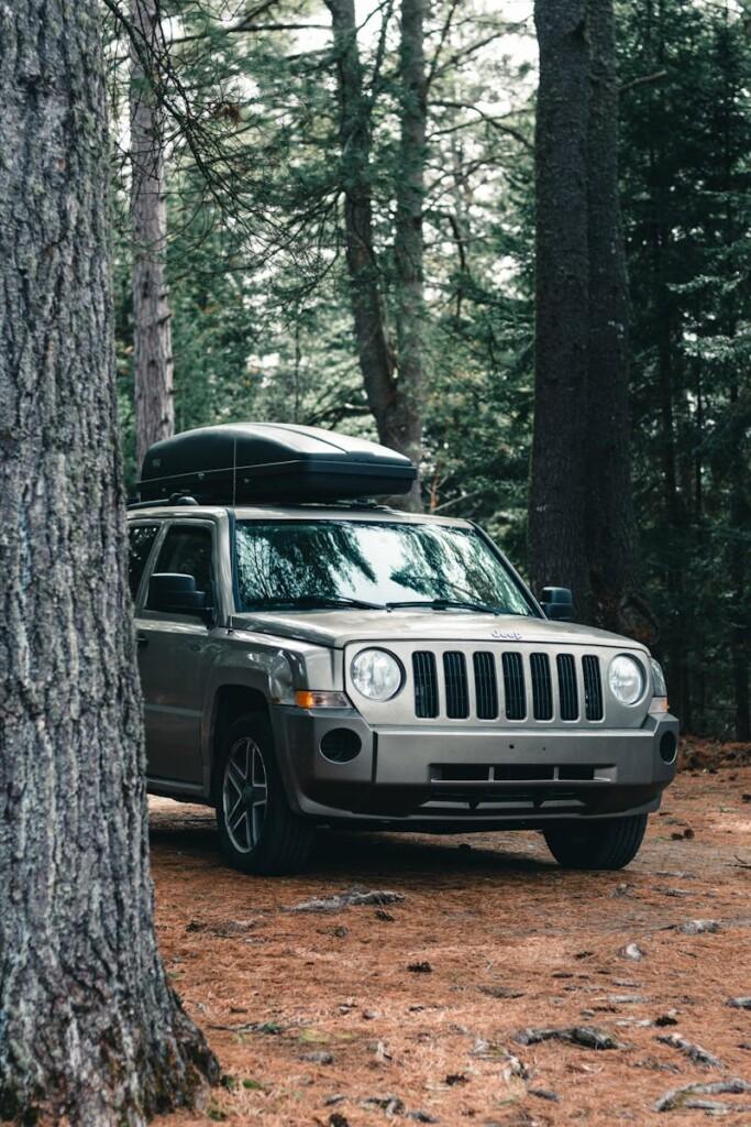 A silver SUV parked in Algonquin Park's wooded area, ideal for camping trips.