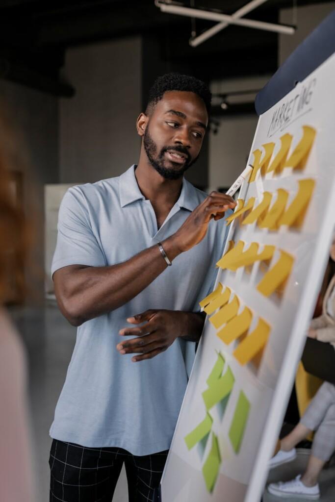 Confident African American man presenting business strategy using sticky notes on whiteboard.