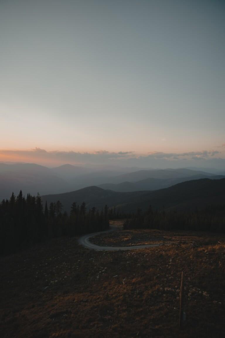 a landscape with trees and hills in the back