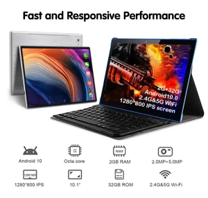 10.1" Android 10 Tablet PC – 2GB RAM, 32GB Storage, Quad-Core, IPS Touchscreen, WiFi, w/ Keyboard