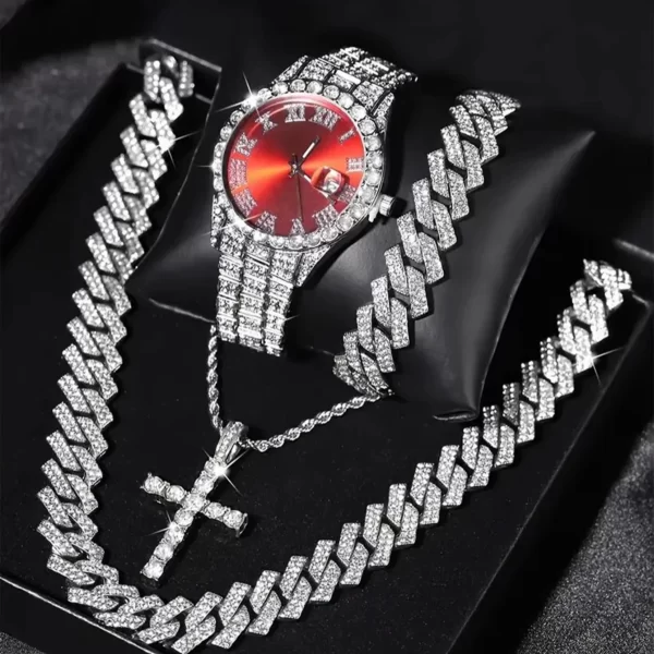 4PCS/SET Men's Wrist Watch & Hip Hop Cuban Chain Necklace Bracelet and Cross Pendant Set - Image 2