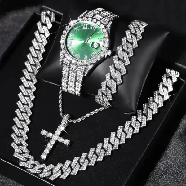 4PCS/SET Men's Wrist Watch & Hip Hop Cuban Chain Necklace Bracelet and Cross Pendant Set