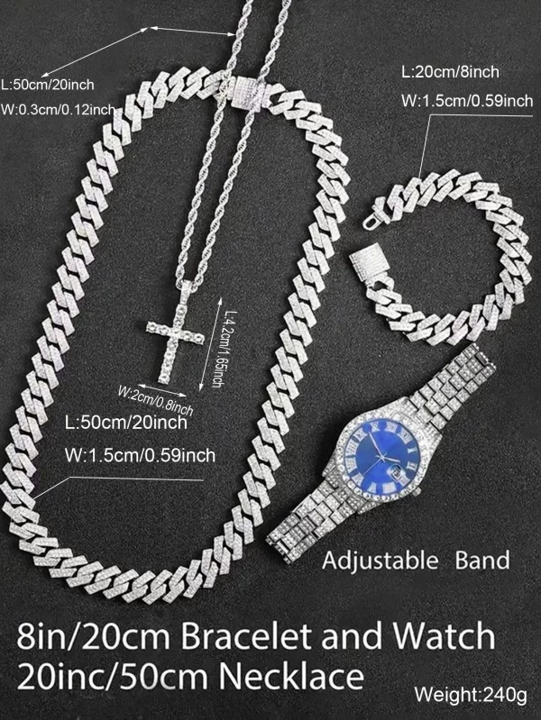 4PCS/SET Men's Wrist Watch & Hip Hop Cuban Chain Necklace Bracelet and Cross Pendant Set - Image 4