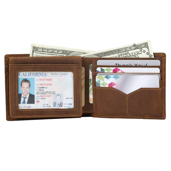 Factory Supply Customize Design Crazy Horse Leather Short Bifold Wallet Cowhide Genuine Leather Cardholder Wallet With ID Window - Image 5