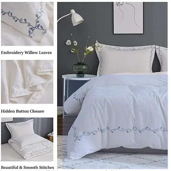 French Linen Duvet Cover Set 3pcs Embroidered Willow Leaf 100% Cotton Blend Soft Breathable Luxury Bedding (King, Embroi - Image 3