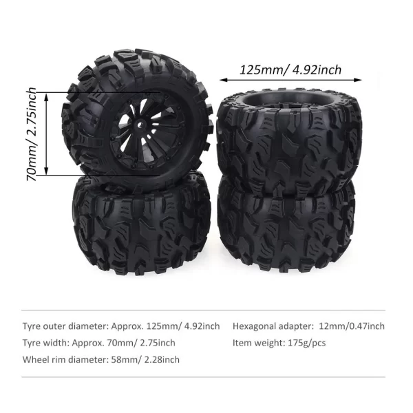 1/10 Scale Monster Truck Tires - 125mm with 12mm Hex (4-Pack) - Image 3