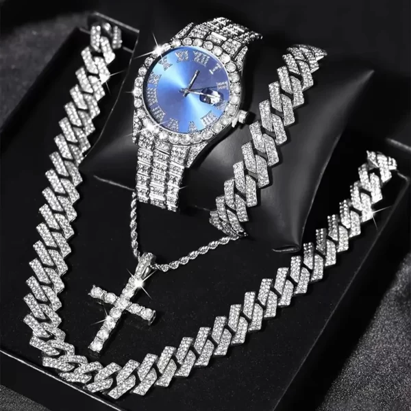 4PCS/SET Men's Wrist Watch & Hip Hop Cuban Chain Necklace Bracelet and Cross Pendant Set - Image 6