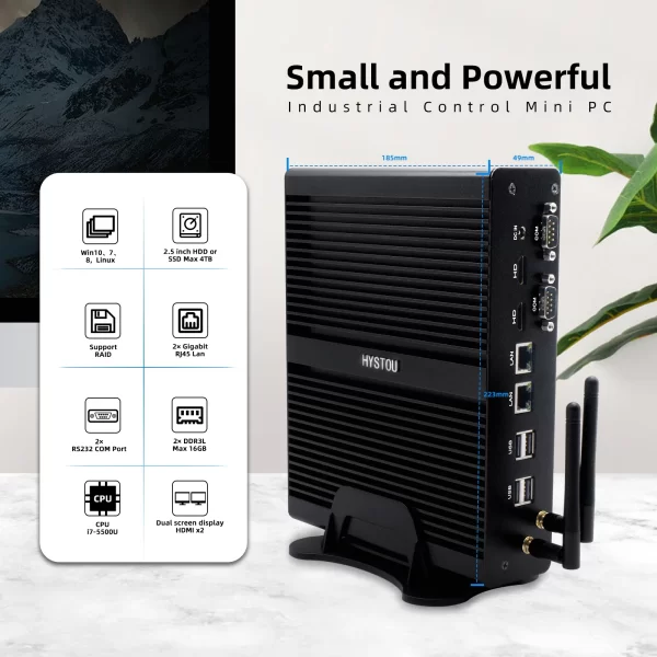 Hystou Mini PC - Intel i7-5500U, Dual HDMI, Fanless Design