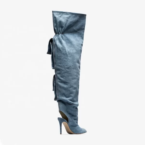 High Quality Lady Shoes Accept Customize Leather Zip up Baggy Boots Blue Over the Knee High Heel Women Denim Boots - Image 3