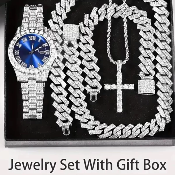 4PCS/SET Men's Wrist Watch & Hip Hop Cuban Chain Necklace Bracelet and Cross Pendant Set - Image 3