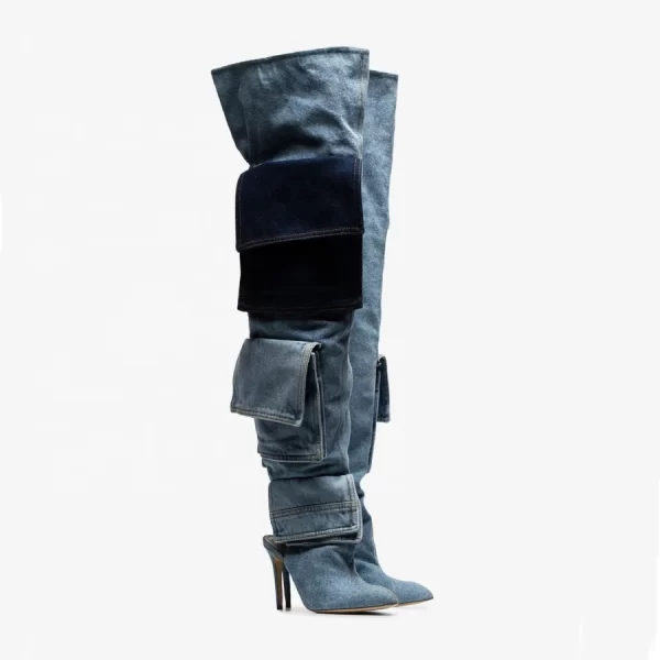 High Quality Lady Shoes Accept Customize Leather Zip up Baggy Boots Blue Over the Knee High Heel Women Denim Boots - Image 4