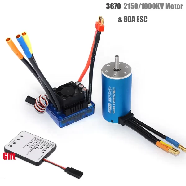 RC 3670 1900KV 4-Pole Sensorless Brushless Motor with 80A ESC & LED Programming Card for 1/8 RC Cars